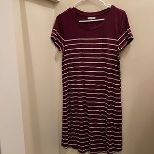 A Burgundy with white stripes dress, Size medium, name brand, Maurices.